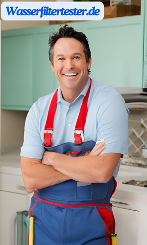 Ein Mann in Handwerkerklamotten steht in einer Küche.