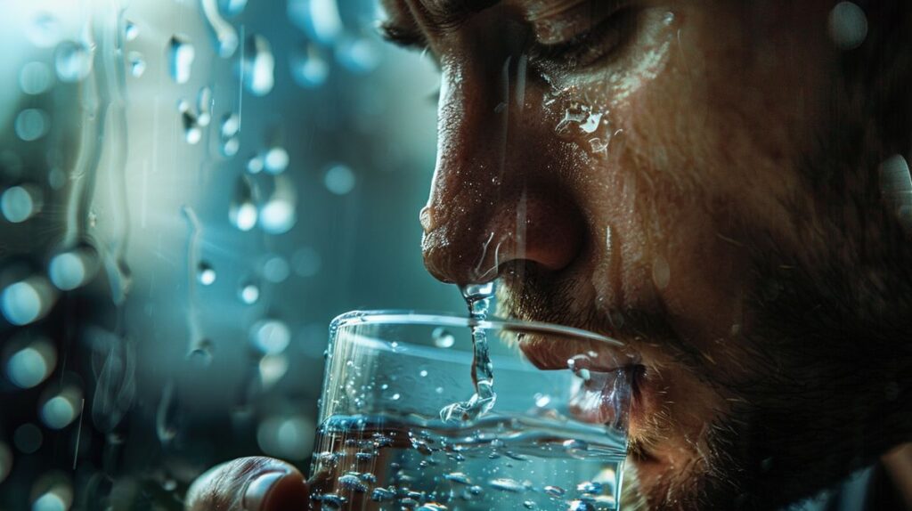 Leitungswasser schmeckt metallisch, Wasserhahn tropft in ein Glas