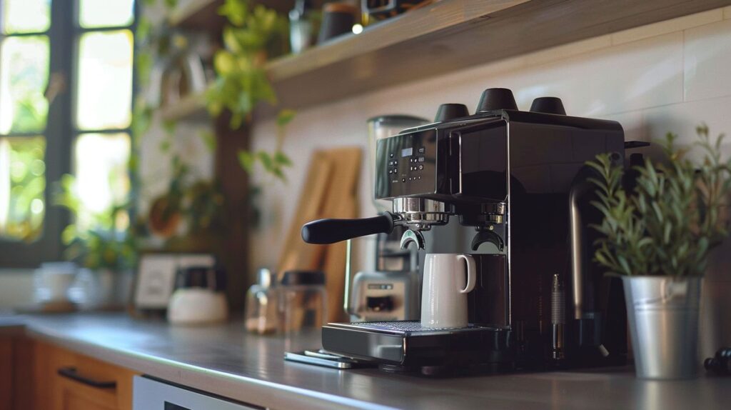 DeLonghi Kaffeemaschine wird ohne Wasserfilter betrieben, dargestellt in einer klaren und detaillierten Kücheneinstellung