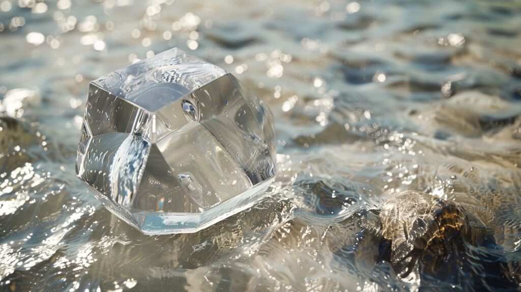 Hexagonales Wasser in klarem Glas auf Holztisch mit natürlichem Hintergrund