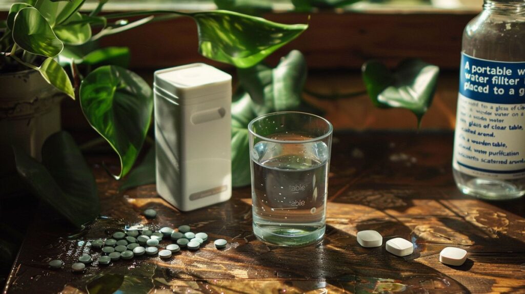 Wanderer füllen Flaschen mit Wasser aus einem Bach, Verwendung von Wasserfilter oder Tabletten zur Reinigung