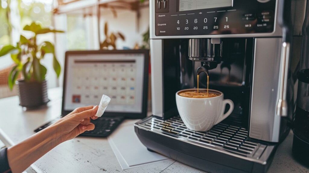 Junge Frau genießt Kaffee beim Arbeiten an ihrem Laptop im Café