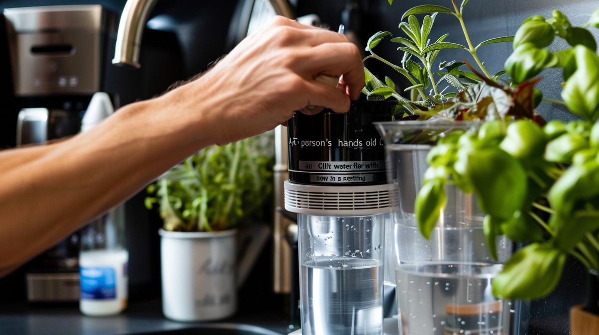 Anleitung zum Cillit Wasserfilter wechseln, dargestellt durch eine Person, die den Filter in einer modernen Küche austauscht