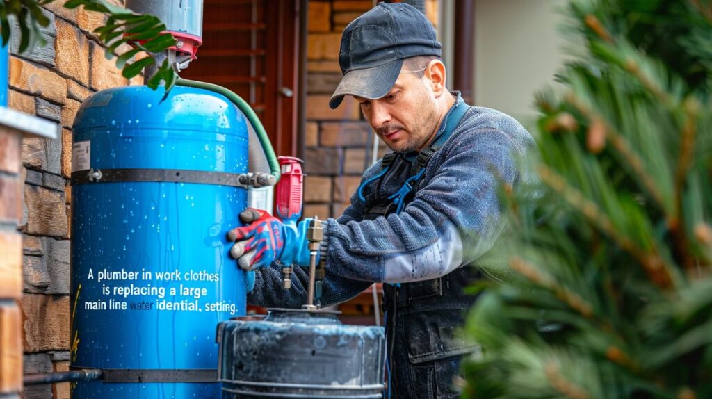 Mann beim Wechseln eines Wasserfilters an der Hauptleitung, zeigt Werkzeuge und Filterkartusche